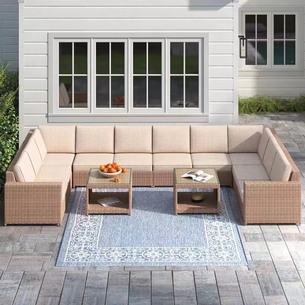 Wicker Patio Furniture Conversation Set Outdoor Rattan Sectional Couch Sofa with Coffee Table (12PCS Light Brown) K892759