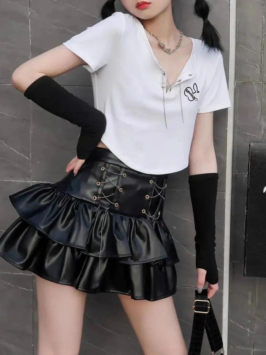 Grunge Lace Up Pu Leather Skirt H115324