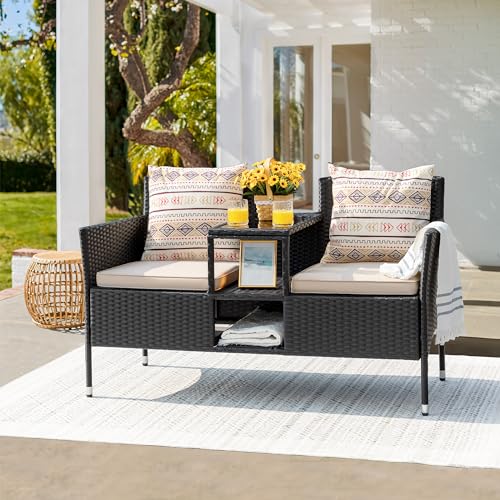 Beige Rattan 2-Seat Patio Loveseat with Cushions U9235