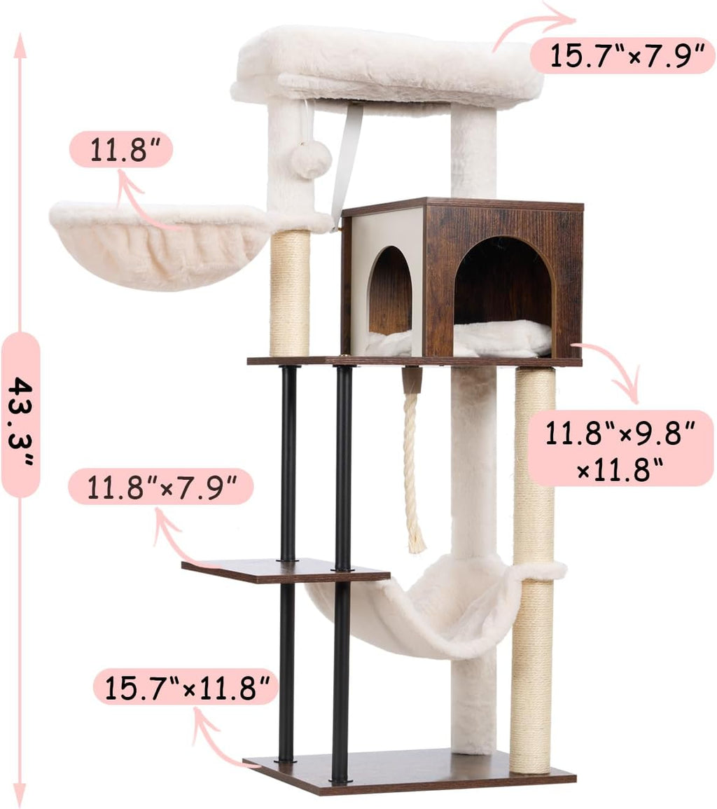 Rustic Brown 43.3in Wood Cat Tree with Sisal Rope Scratching Post W522