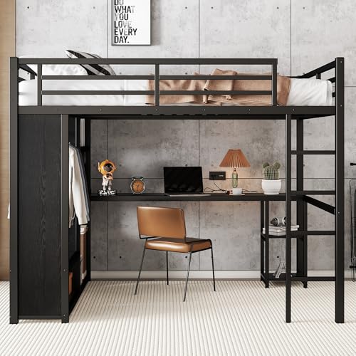 Full Size White Metal Loft Bed with Desk and Wardrobe B67150