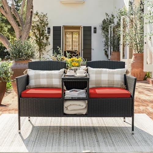 Beige Rattan 2-Seat Patio Loveseat with Cushions U9235