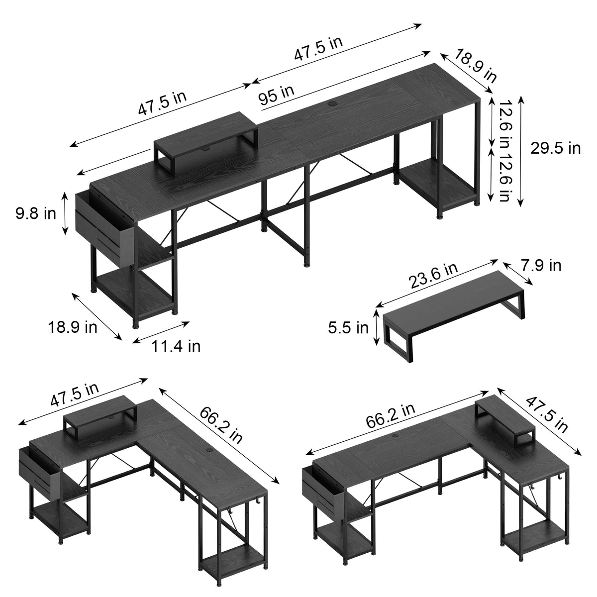 66 Inch Black L-Shaped Corner Desk with Shelves D77435