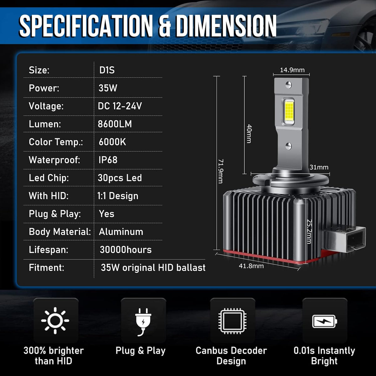 D1S LED Headlight Bulbs Conversion Kit, 8600LM 6000K 70W T340831