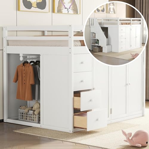 White Solid Wood Twin Size Loft Bed with L-Shaped Desk and Stairs O174021