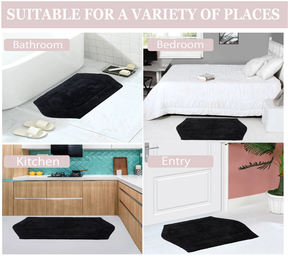 100% Cotton Tufted Non-Slip Bath Rug, 21"x34" Black N493