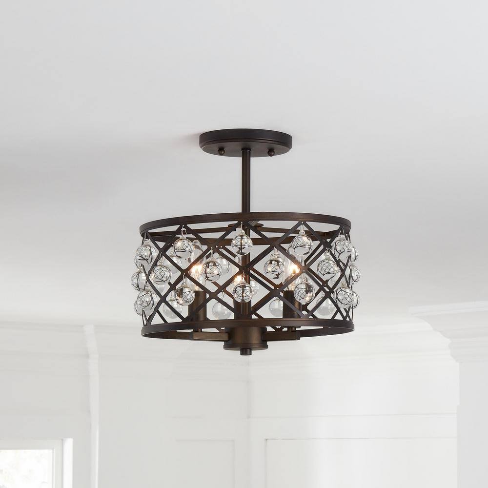 Aged Bronze Semi Flush Mount with Crystal Globes N592