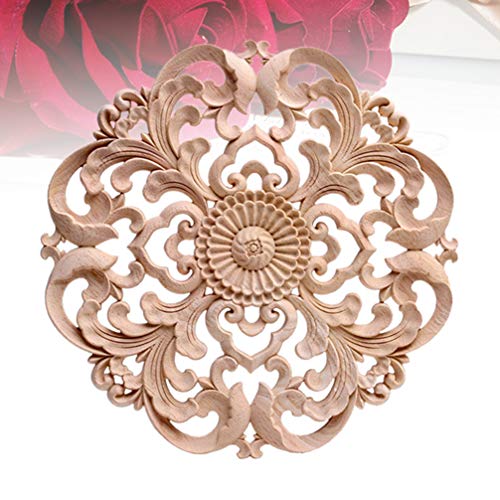 Wood Carved Onlay Applique Round Flower Unpainted Corner Decal Wood Wall Art 15x15cm V99271