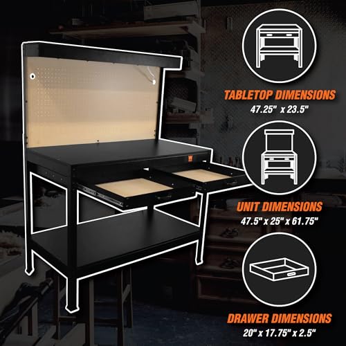 48-Inch Black Workbench with Power Outlets and Light M78055
