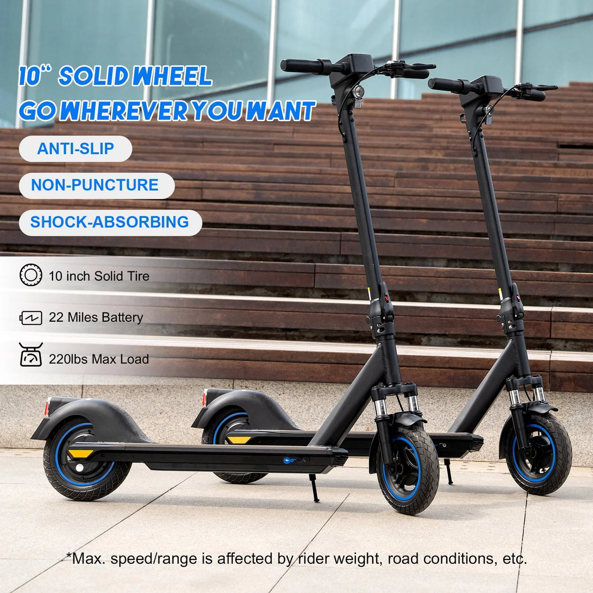 Electric Scooter with 10 Solid Tires, 500W Motor, 22 Miles Battery V988