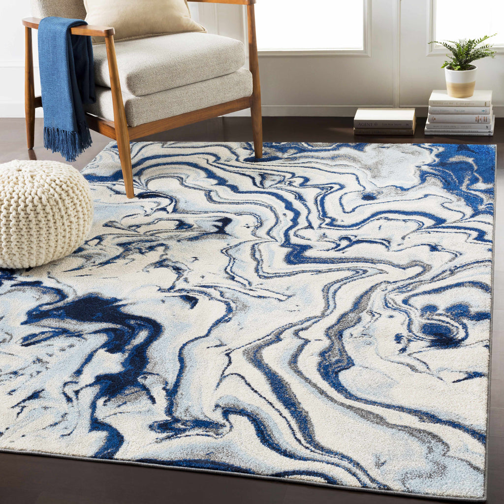 Abstract Coastal Area Rug - Marble Swirl Pattern - Ombre Blue, Royal Blue, Navy Blue, Grey, White - 5'3" x 7'3" V6096
