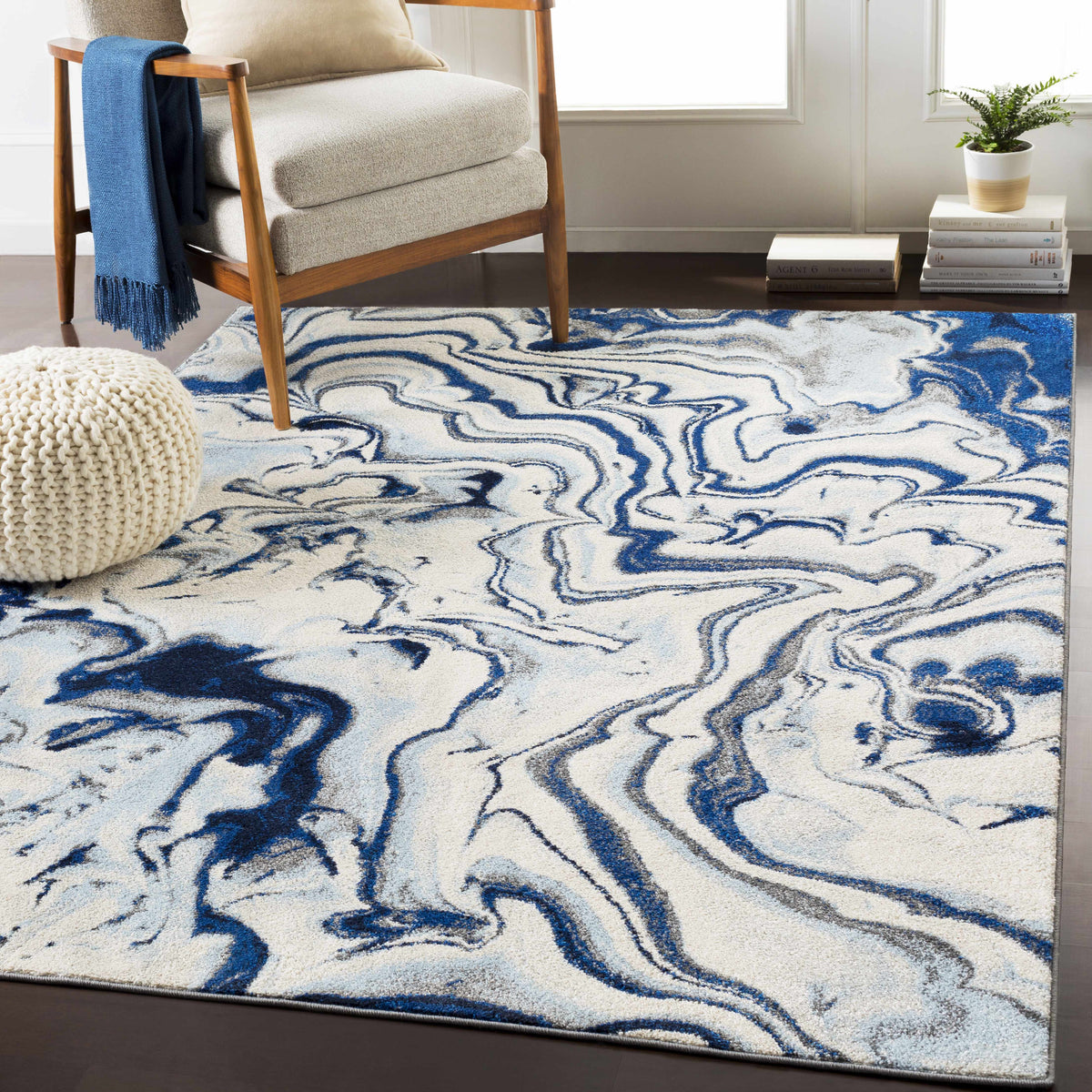 Abstract Coastal Area Rug - Marble Swirl Pattern - Ombre Blue, Royal Blue, Navy Blue, Grey, White - 5'3" x 7'3" V6096