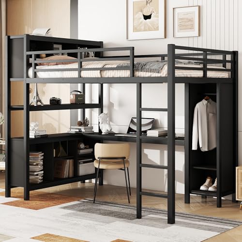 Full Size White Metal Loft Bed with Desk and Wardrobe B67150