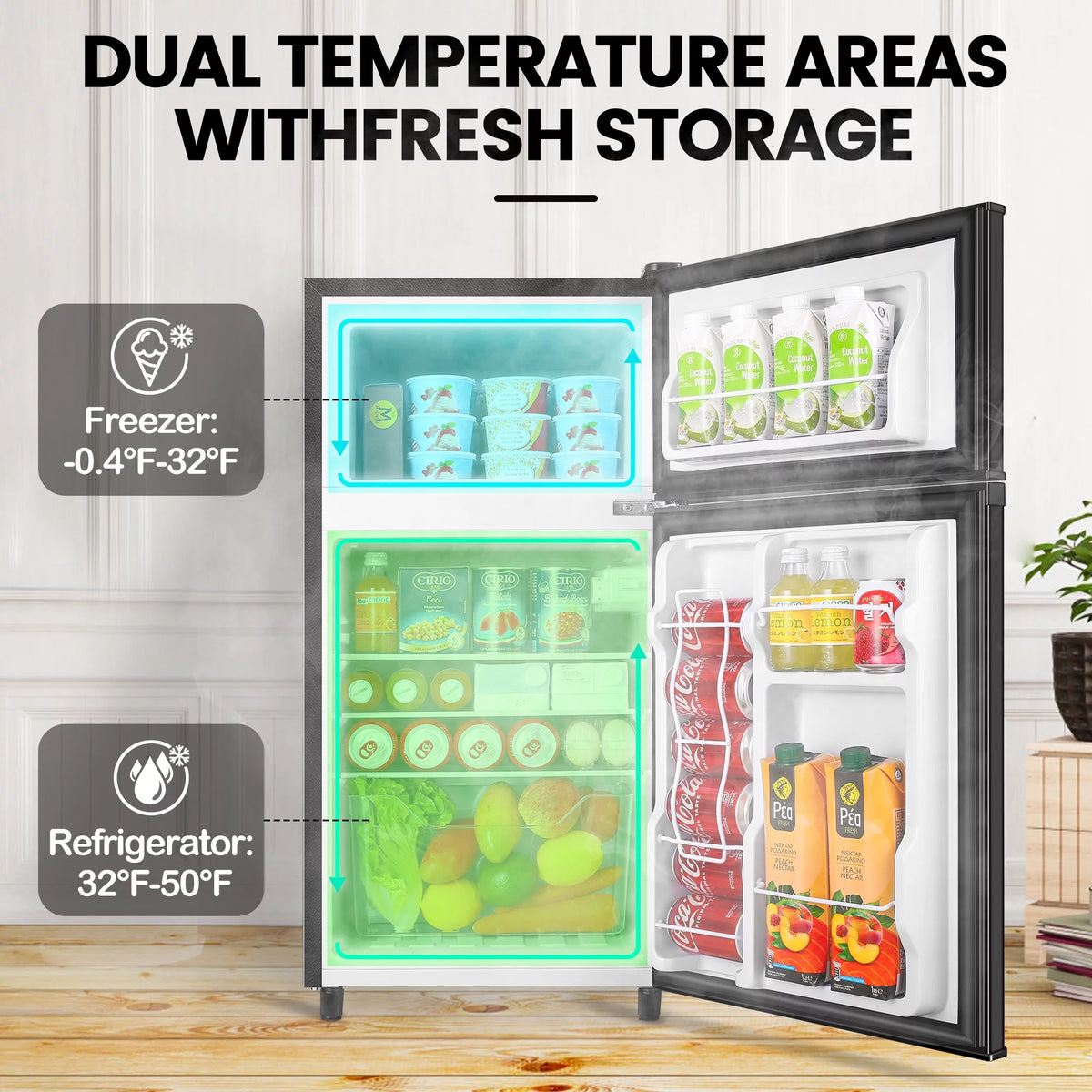 3.5 Cu ft Two Door Mini Fridge with Freezer, Black L471331