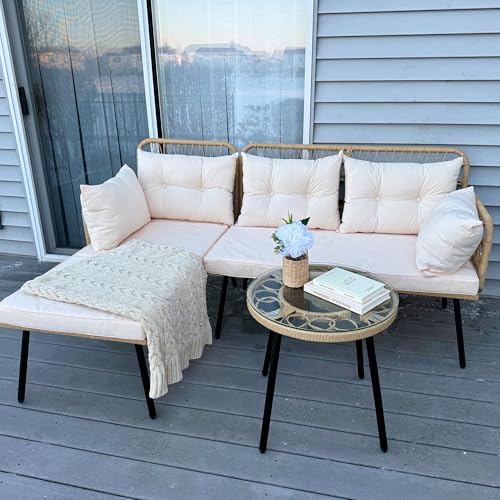 4-Piece Wicker Patio Bistro Set with Cushions and Metal Table F776