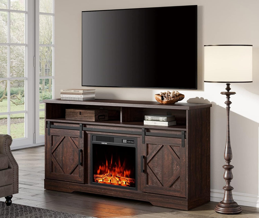 Farmhouse Sliding Barn Door TV Stand, Wood Media Console Table Cabinet 3-Level Adjustable Shelf, Wash Grey Y3816