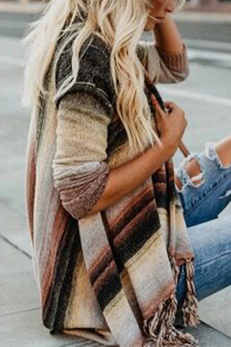 Striped Tassel Button Cardigan H794427
