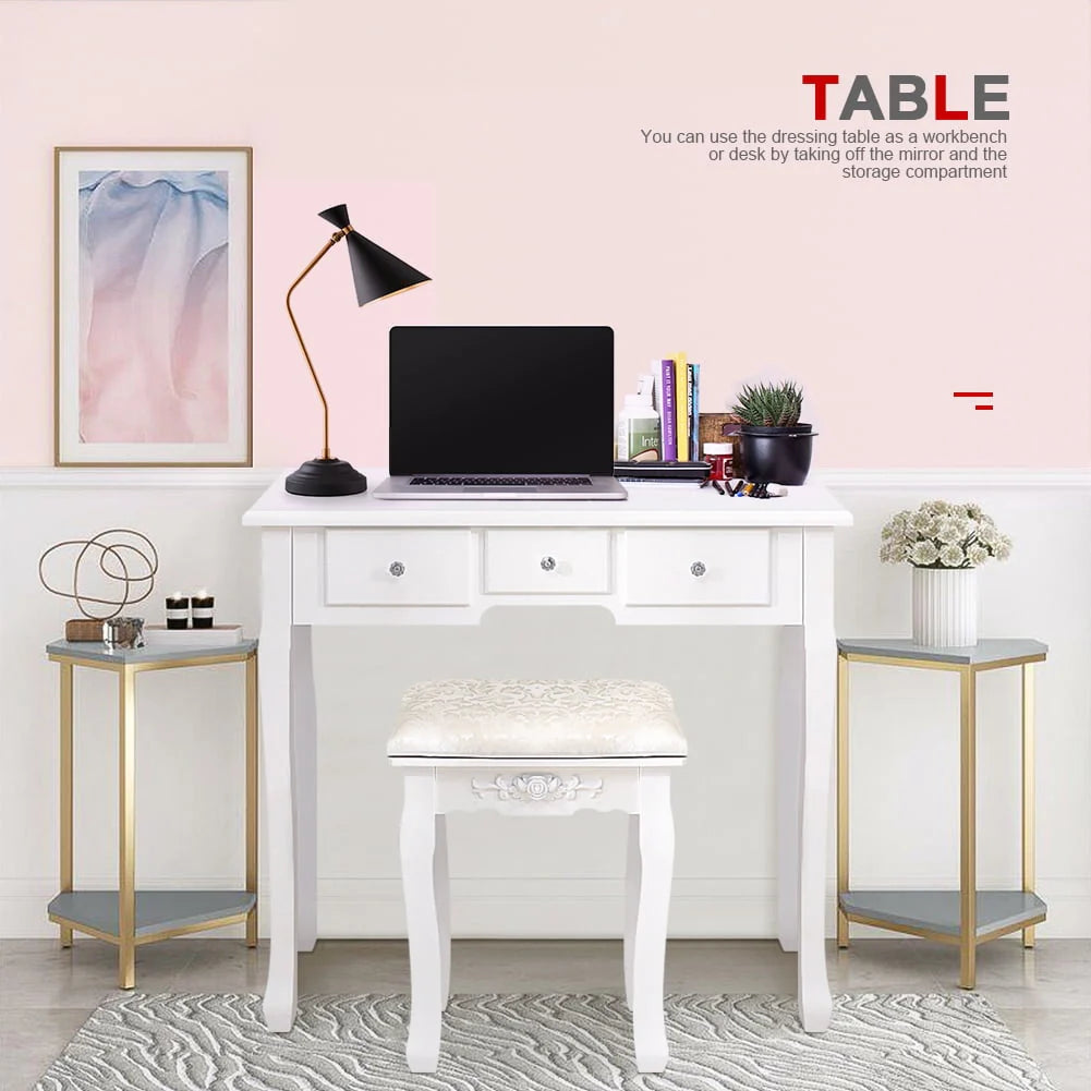 White 5 Drawer Vanity Table with Cushioned Stool Set V5754