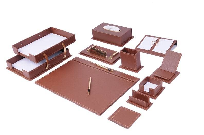 14 PCS Brown Bonded Leather Desk Organizer Set S28210