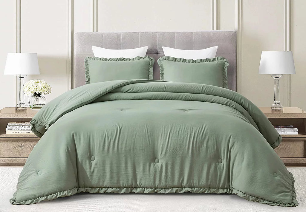 Sage Green Ruffled Edge Microfiber Comforter Set B176366