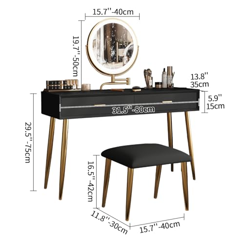 Black 31.5in Vanity Desk Set with 360° Rotating Mirror and Lights, 2 Drawers, Stool L431120
