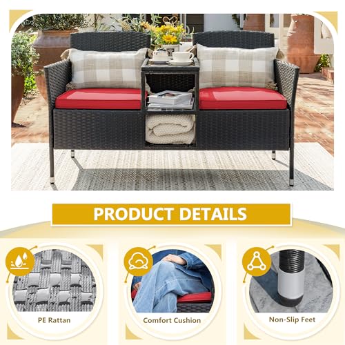 Beige Rattan 2-Seat Patio Loveseat with Cushions U9235
