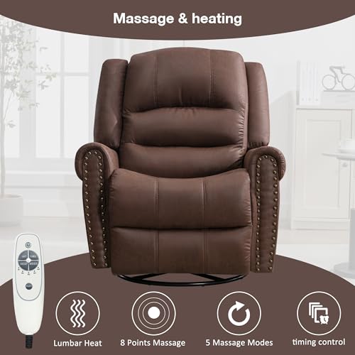 Brown Leather Swivel Rocker Recliner with Massage & Heating L7744