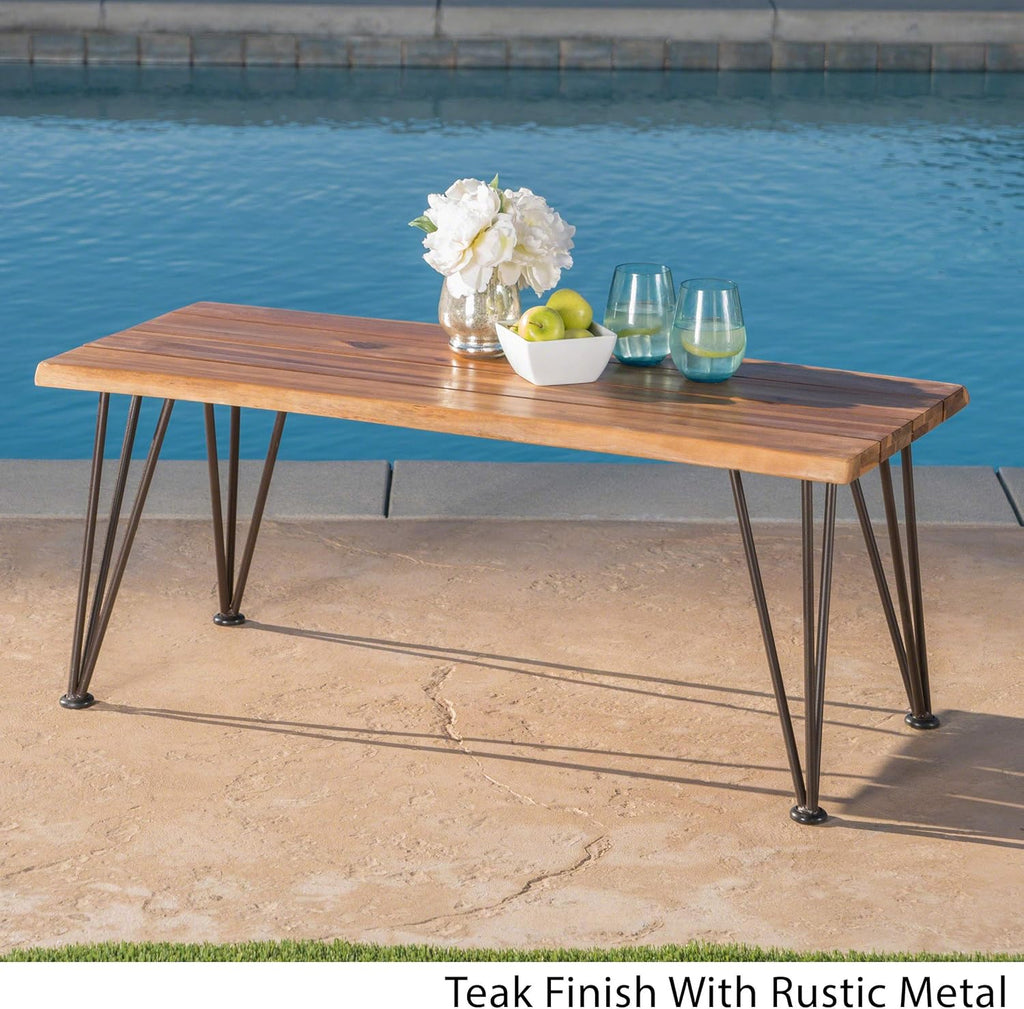 Outdoor Industrial Iron and Teak Finished Acacia Wood Coffee Table I266