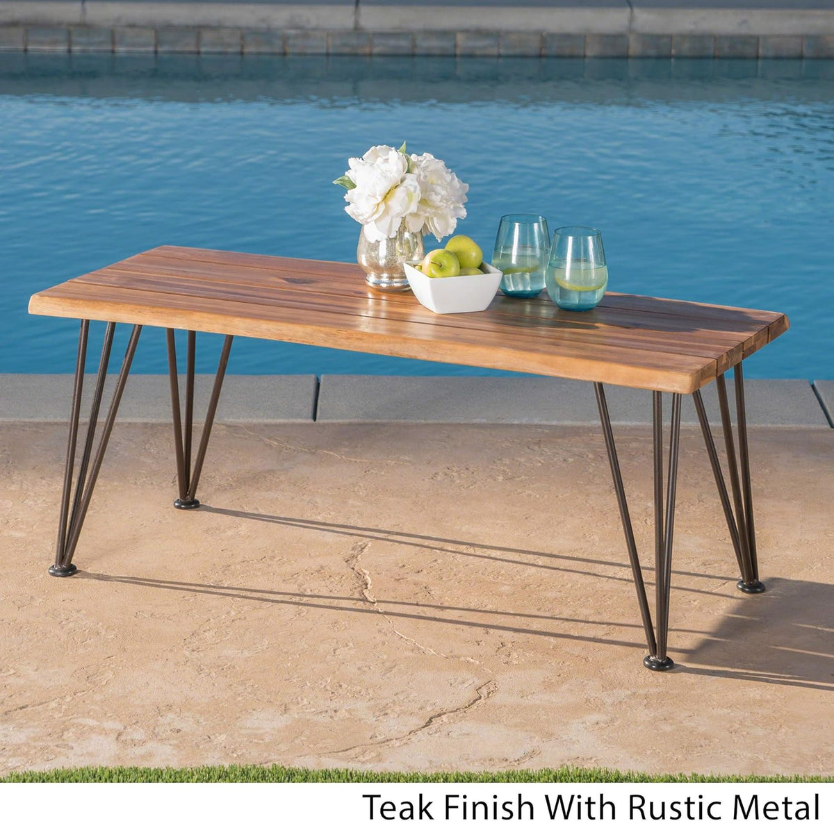 Outdoor Industrial Iron and Teak Finished Acacia Wood Coffee Table I266