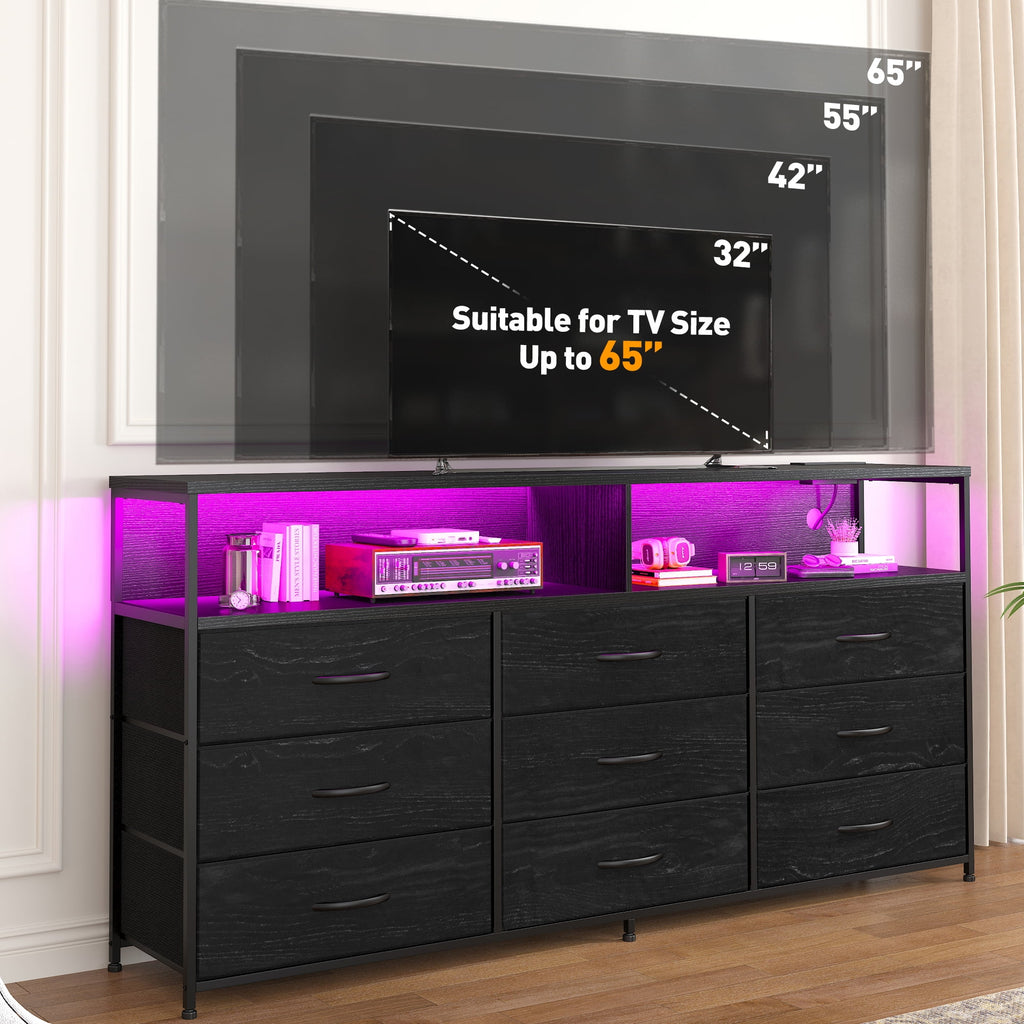 Black Dresser TV Stand with 9 Fabric Drawers & Power Outlet W761279