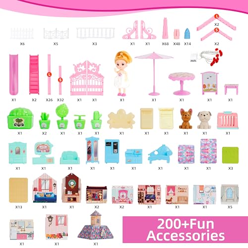 13 Rooms Dollhouse with Dolls Figures, Lights, Puppies, Furnitures, Accessories (Pink) W896777