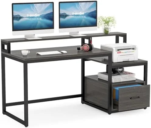 60 inch Computer Desk with File Drawer and Shelves D950