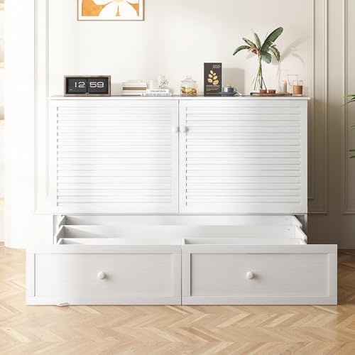Queen Size White Murphy Bed with Tri-Folding Mattress and Storage Drawer A320
