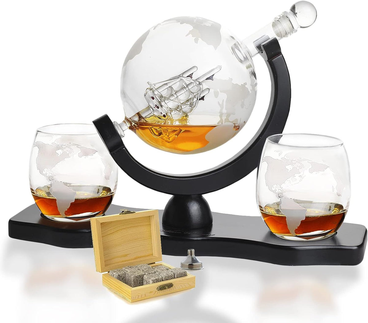 Globe Whiskey Decanter Set with 2 Etched Whisky Glasses and Whiskey Stones 850ml A940
