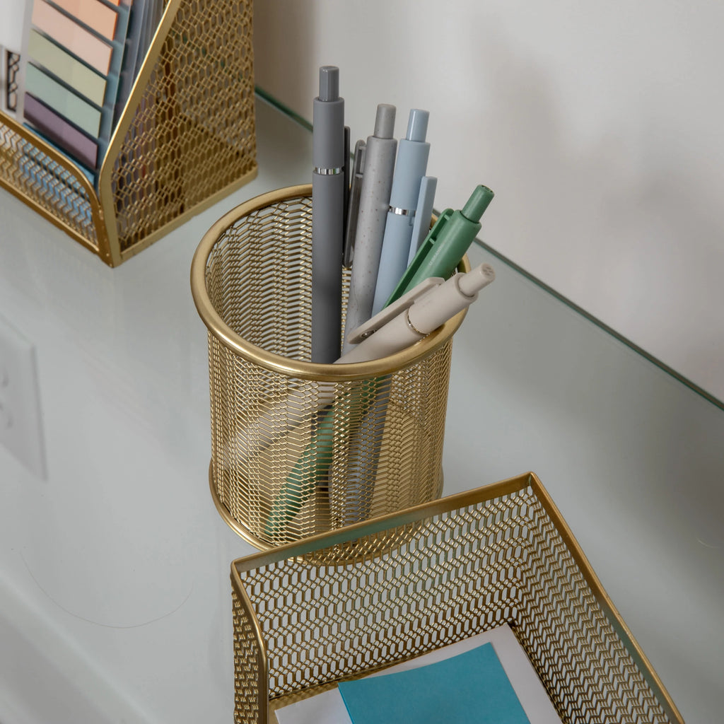Gold Mesh Metal 6 Piece Set Desktop Organizers and Accessories O2366