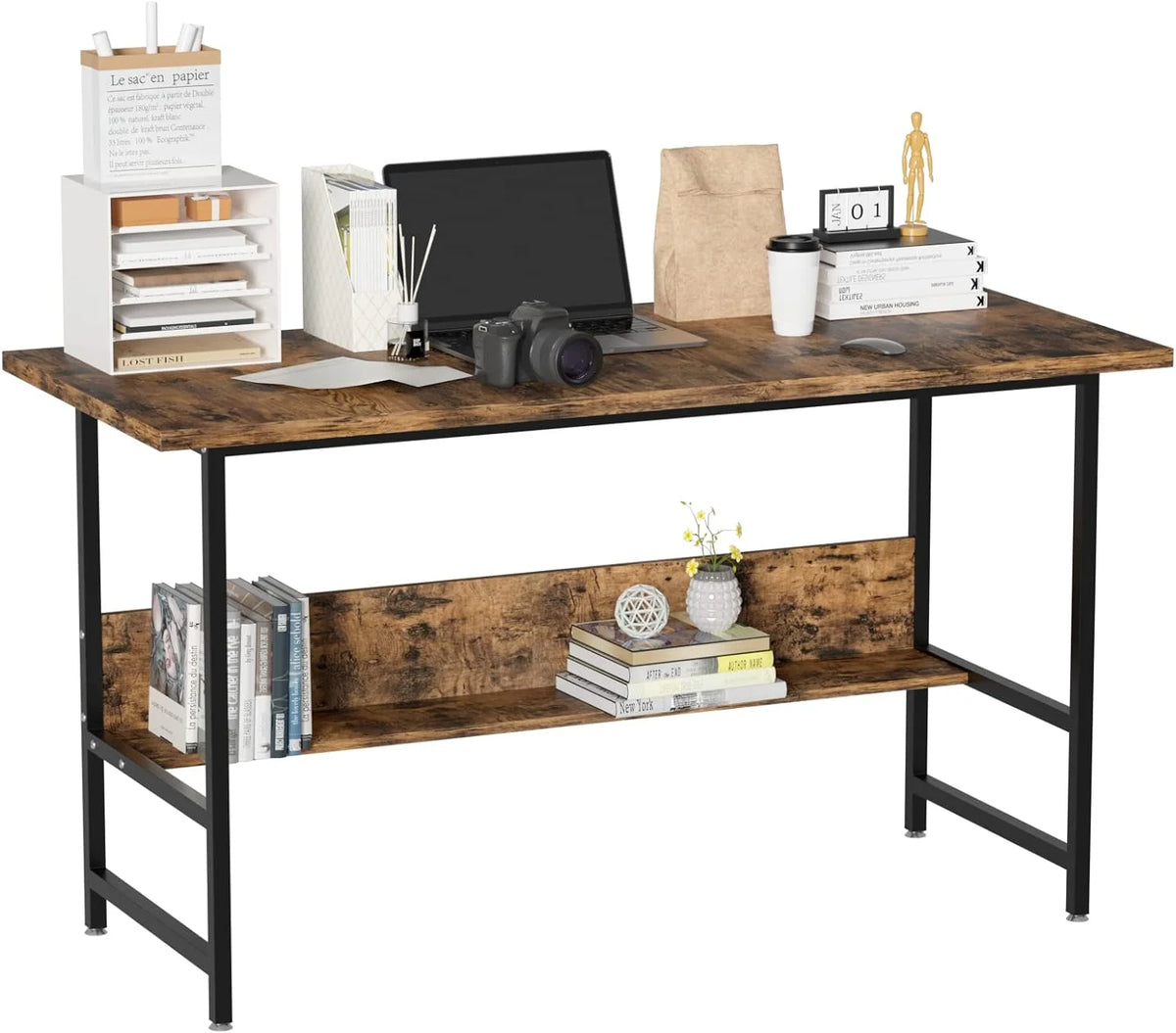 55" Wood Office Desk with Metal Legs and Book Shelf W37143