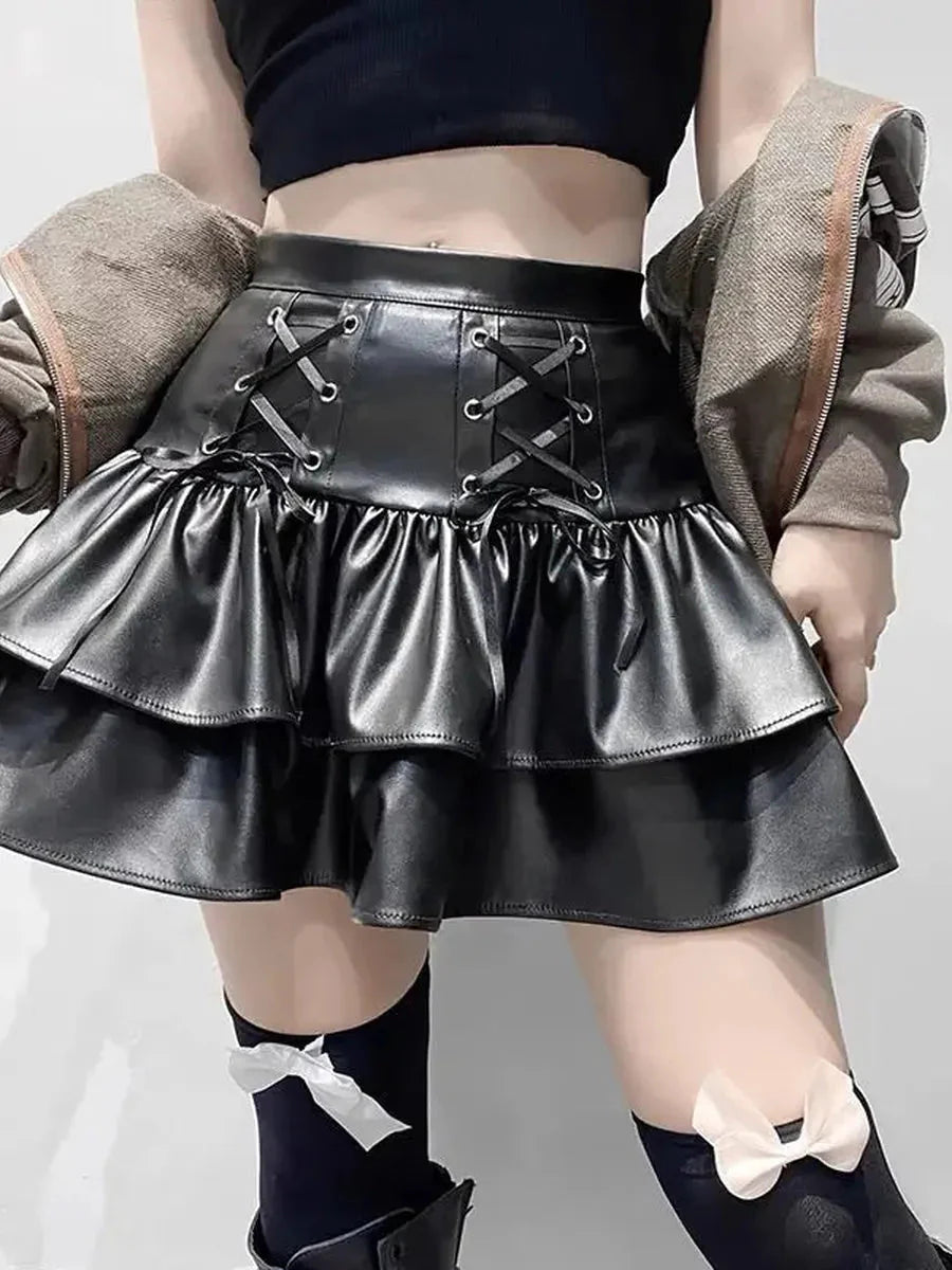 Grunge Lace Up Pu Leather Skirt H115324