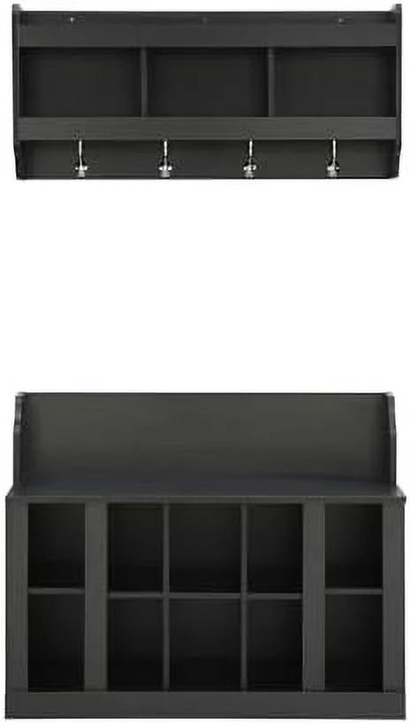 Black Entryway Hall Tree with Shoe Cabinet Bench and 8 Hooks Y982348