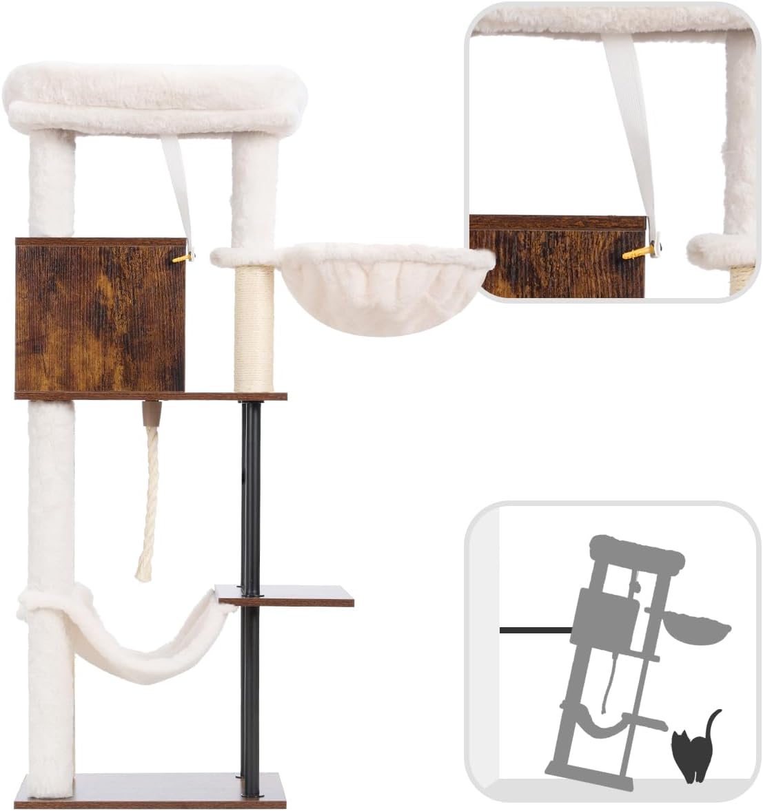 Rustic Brown 43.3in Wood Cat Tree with Sisal Rope Scratching Post W522