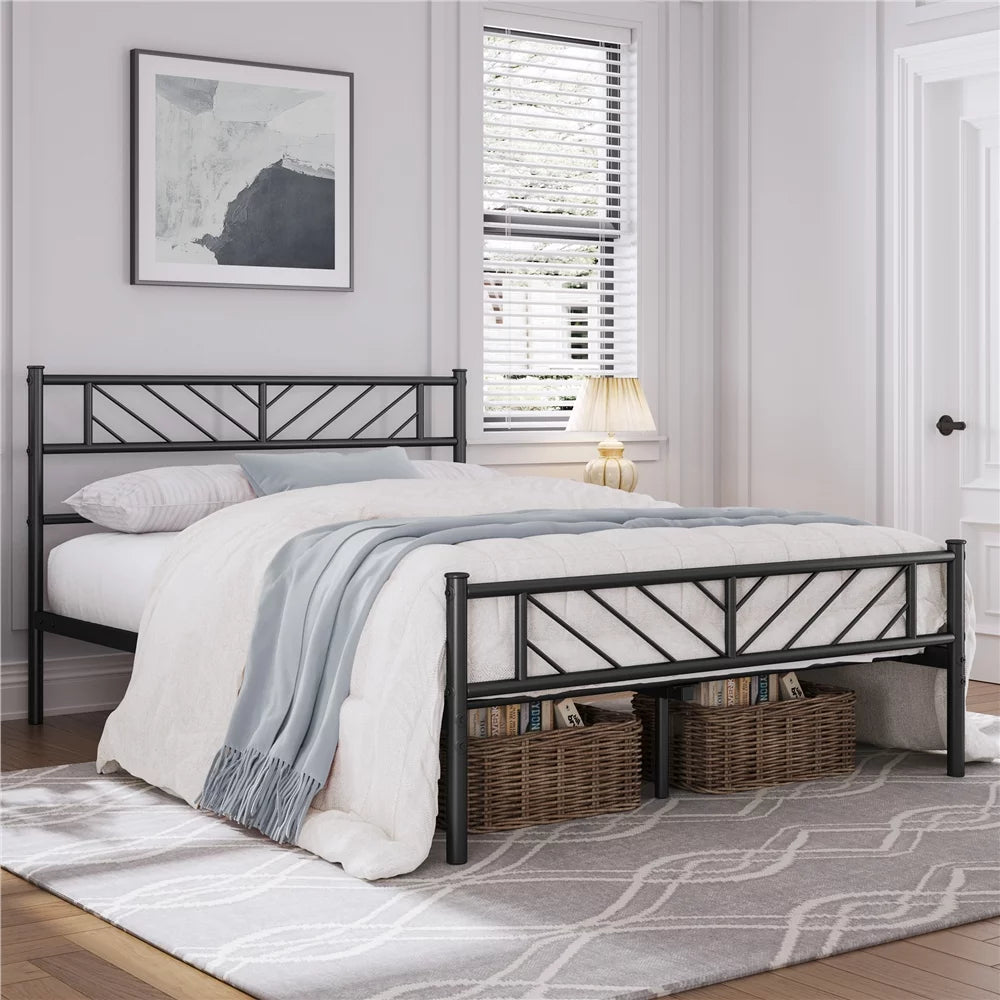 Queen Metal Platform Bed with Arrow Design Headboard and Footboard G808283