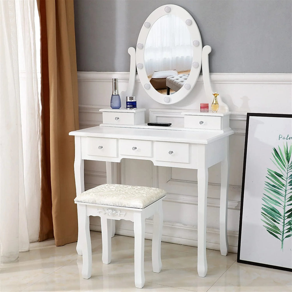 White 5 Drawer Vanity Table with Cushioned Stool Set V5754