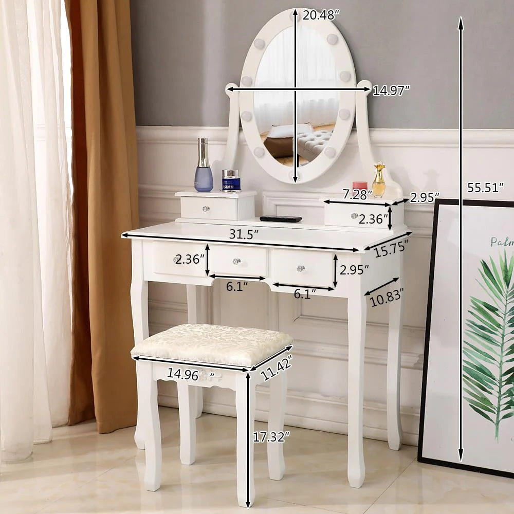 White 5 Drawer Vanity Table with Cushioned Stool Set V5754
