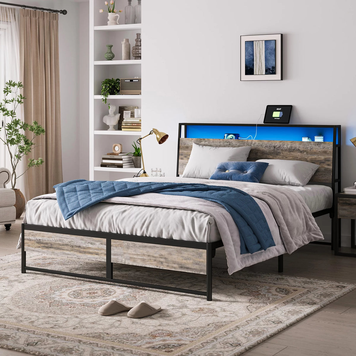 Full Size Metal Platform Bed Frame with Headboard and Storage Shelves R384