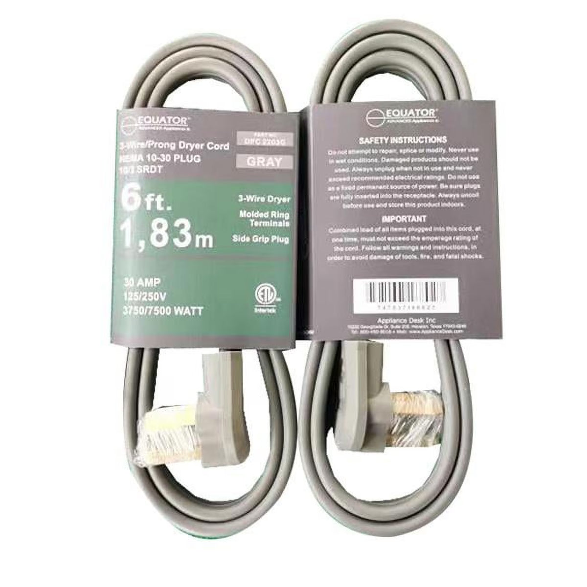 30A 6 ft 3-Prong Dryer Power Cord Grey Z396