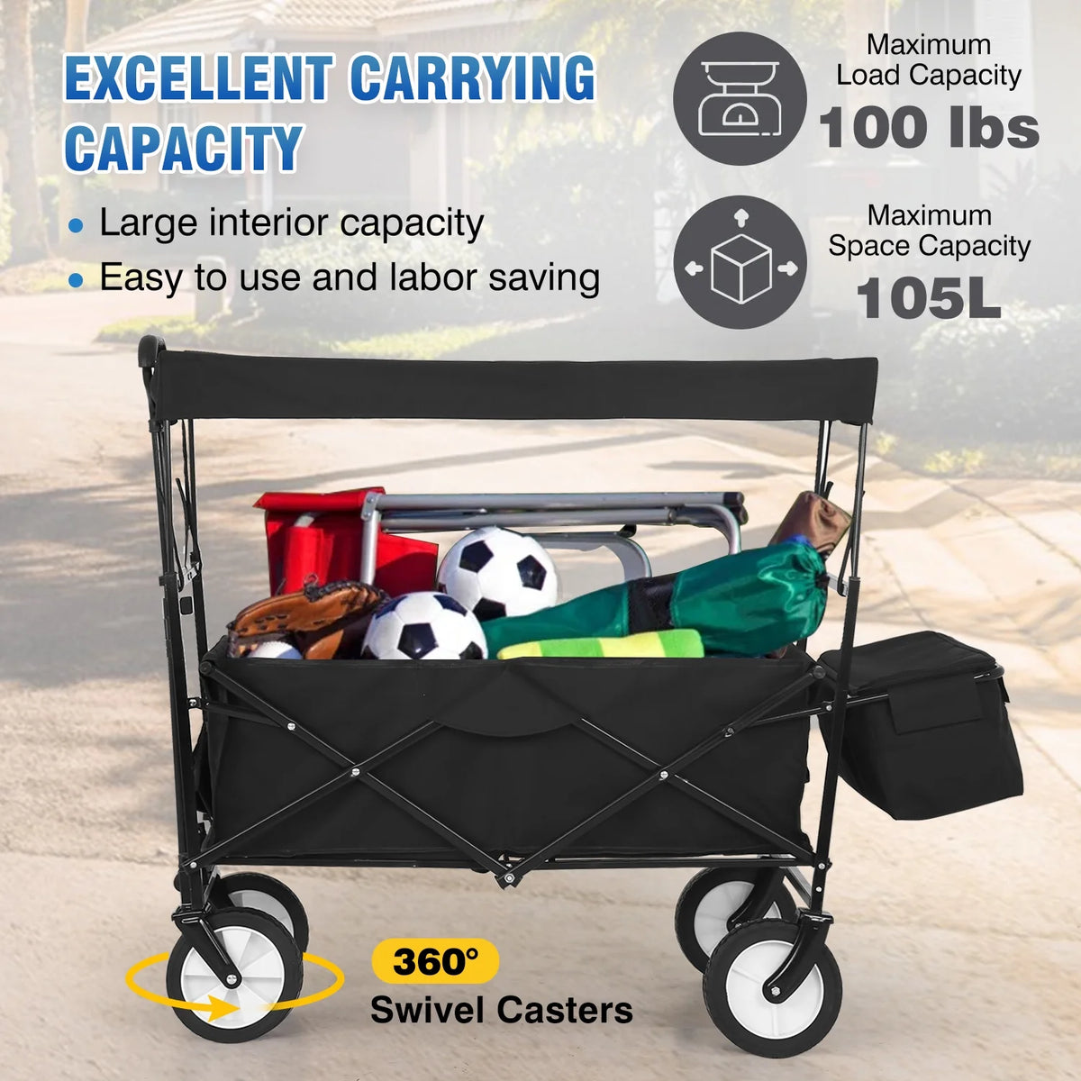 Black Folding Wagon Cart with Removable Canopy X9160