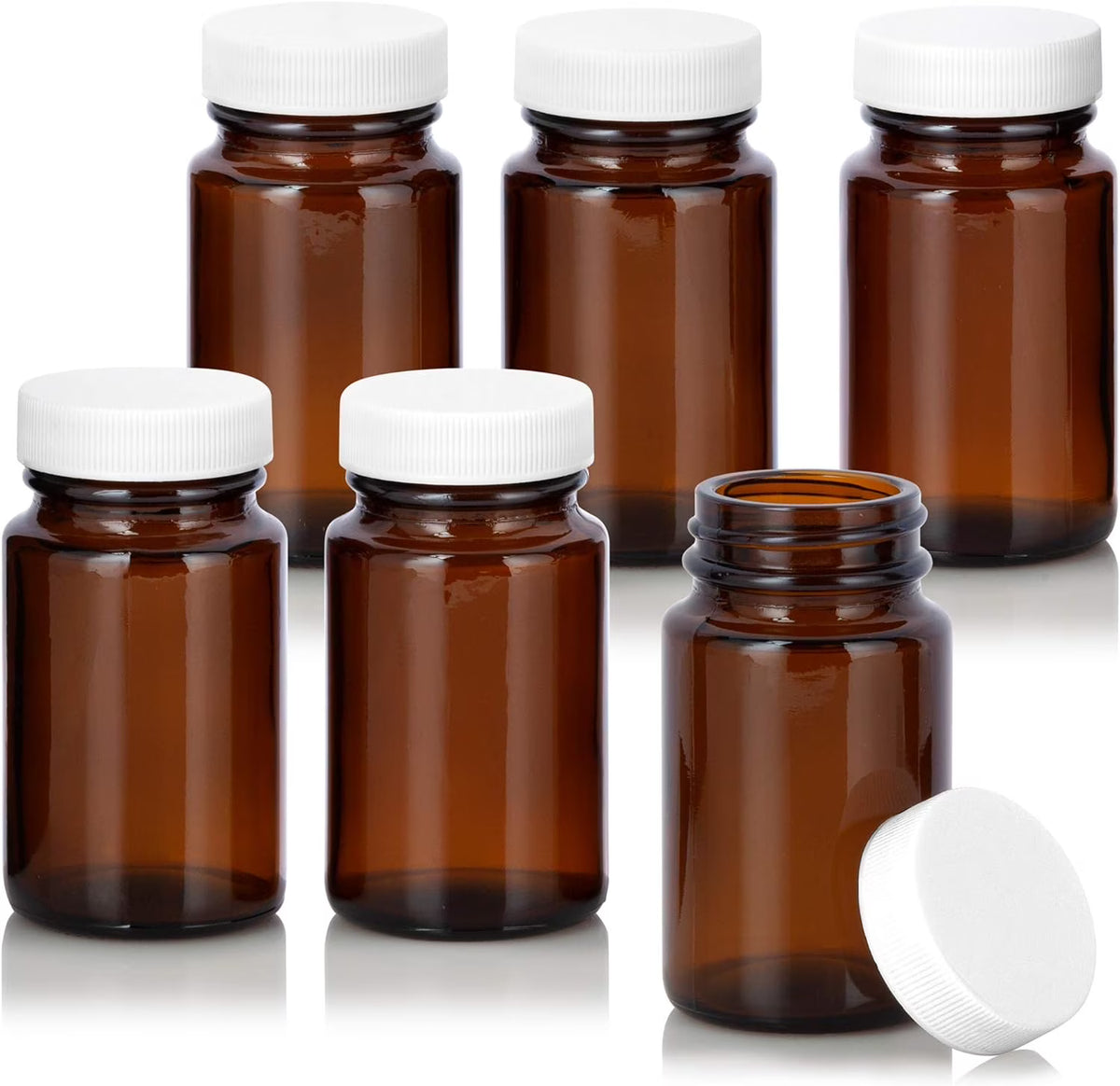 Amber Glass Wide Mouth Packer Bottle With White Ribbed Lid (6 Pack) V400860