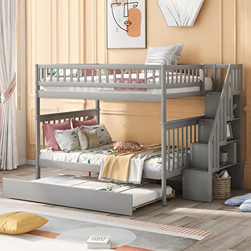 White Solid Wood Twin Size Loft Bed with L-Shaped Desk and Stairs O174021