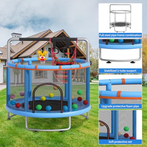 55" Small Trampoline with Enclosure Net and Basketball Hoops R9067