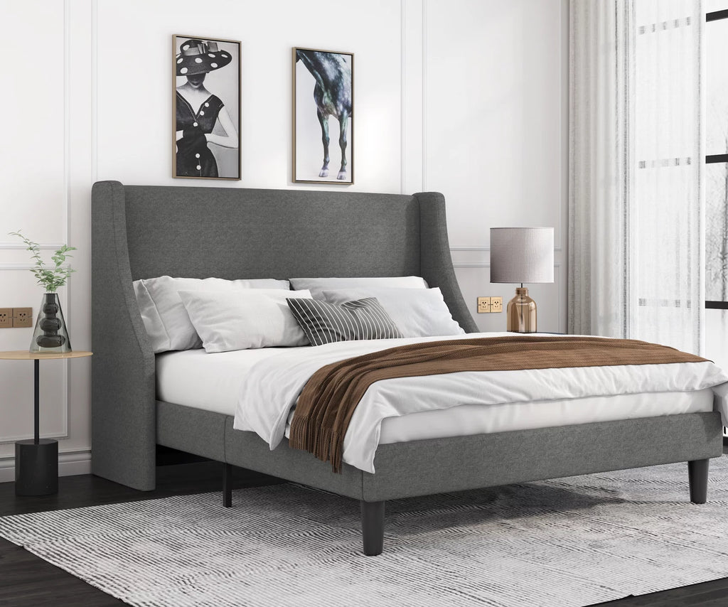 Queen Size Light Grey Upholstered Platform Bed Frame Y1821