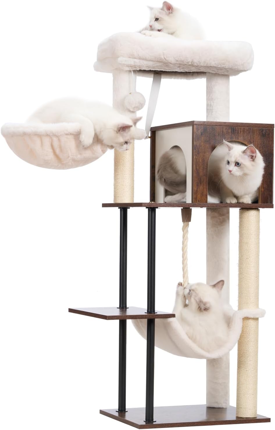 Rustic Brown 43.3in Wood Cat Tree with Sisal Rope Scratching Post W522